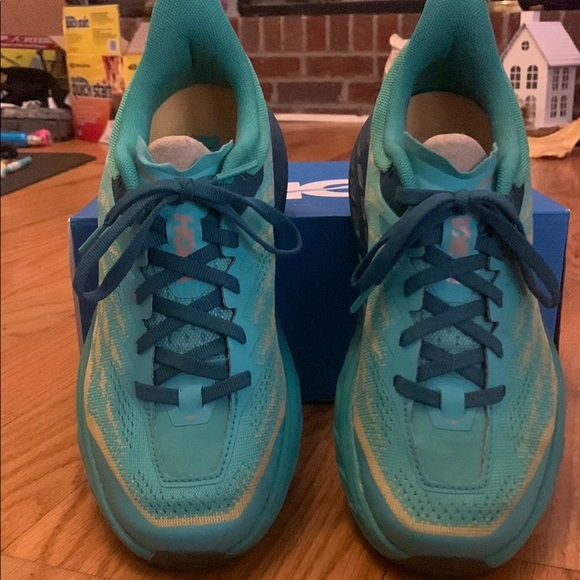 Hoka One on One Speedgoat 5 Teal and Yellow Athletic Shoes - Picture 4 of 7